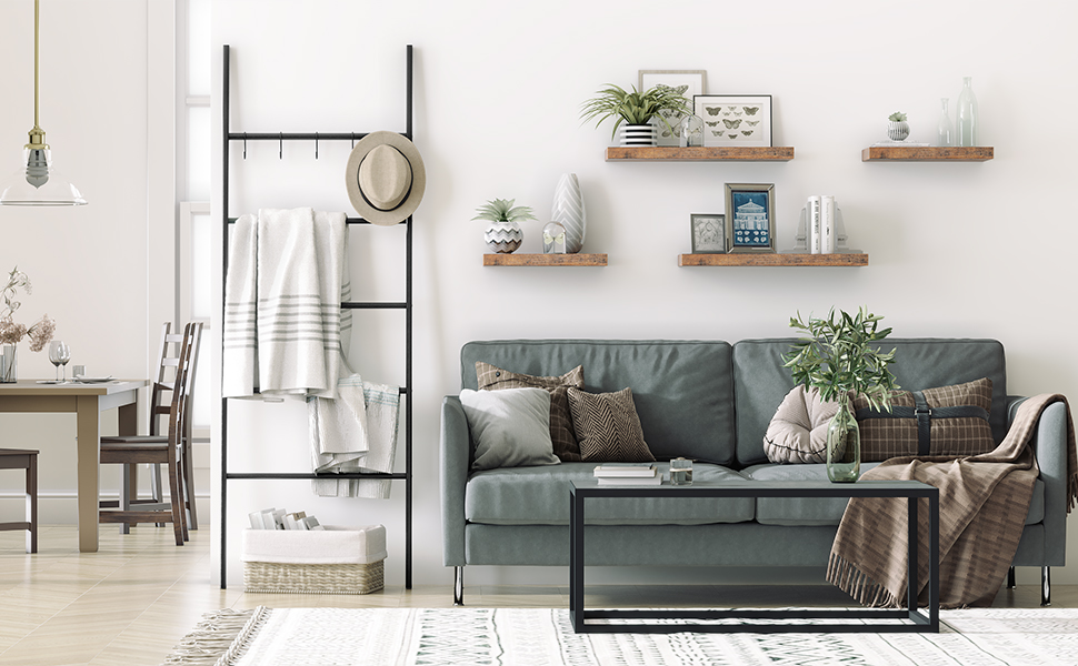 deken ladder, handdoekenrek, 5-Tier ladderplank, Decoratieve muurleunt ladderrek, 5 haken, De blanco geldt, display rek voor badkamer, zwart