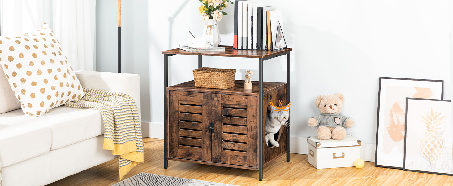litter box enclosure, louvered hidden litter box, covered cat litter box furniture with extra storage space, side table, nightstand, multifunctional, adjustable feet, rustic brown