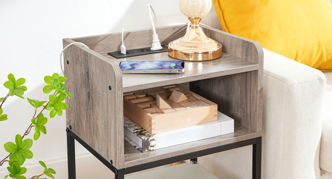 nightstand with charging station, end table with open drawer, side table with usb ports and outlets, for small spaces, bedroom, grey