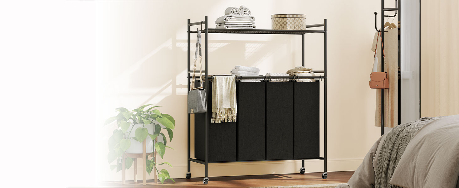 Třídič prádla 4 Sekce, Válcování prádelny s kolami, Košík na prádlo s policí s pletivou a odnímatelnými háčky ve tvaru písmene S, Pevný kovový rám, Organizace prádelny, Černý