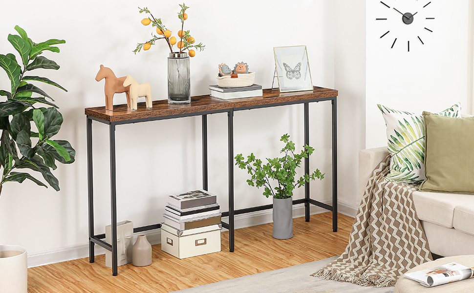 Consoletafel, Smalle banktafel, 55.1" Ingangstafel, Extra lange consoletafel, Achter bank, Magere gangtafel voor foyer, Woonkamer, Slaapkamer, Rustiek bruin en zwart