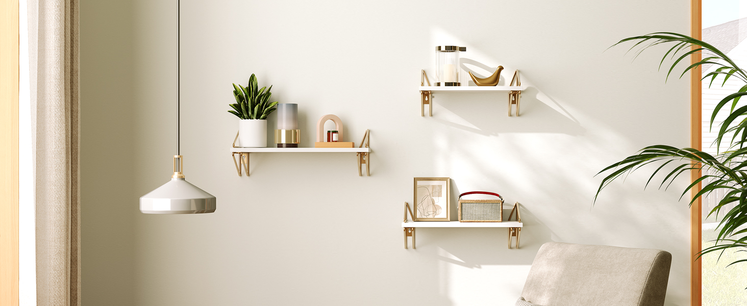 Úszó polcok, Úszó fali polcok, Állítsa be 3, Falra szerelt függő polc, Dekoratív tárolópolcok, a Nappalihoz, Hálószoba, Előszoba, Konyha, Fürdőszoba, Fehér és arany