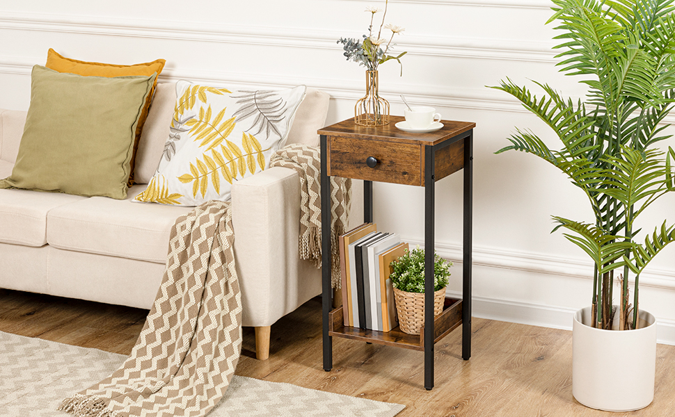 1 Tábla cois leapa tarraiceán, Seastán oíche ard, Tábla deiridh le drawer agus seilf stórála, Tábla Teileafóin Deireadh Tionscail, chun staidéar a dhéanamh, Seomra leapa, Spás a shábháil, Rustic donn agus dubh