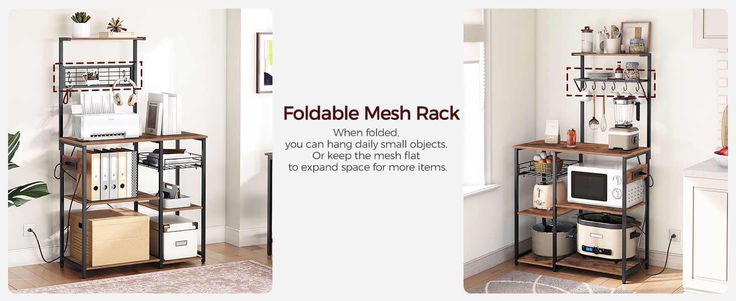 пекарські стійки з розеткою, Мікрохвильова підставка, промисловий кавовий бар з дротяним кошиком, Кухонна стійка для зберігання з 6 s-подібні гачки, для спецій, каструлі та сковорідки, сільський коричневий