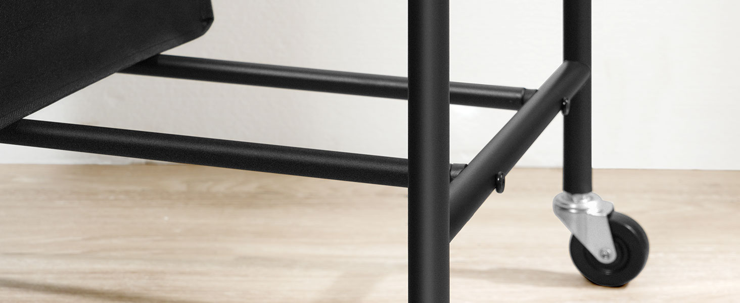 Třídič prádla 4 Sekce, Válcování prádelny s kolami, Košík na prádlo s policí s pletivou a odnímatelnými háčky ve tvaru písmene S, Pevný kovový rám, Organizace prádelny, Černý