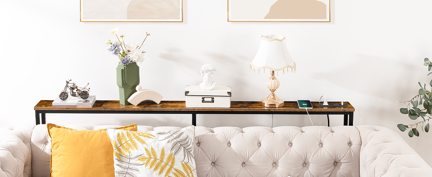 5.9" Bag sofabord tynd med opladningsstation, 63" smal konsolbord med stikkontakter, lang og tynd sofabord, Slim indgangsbord, Rustik brun