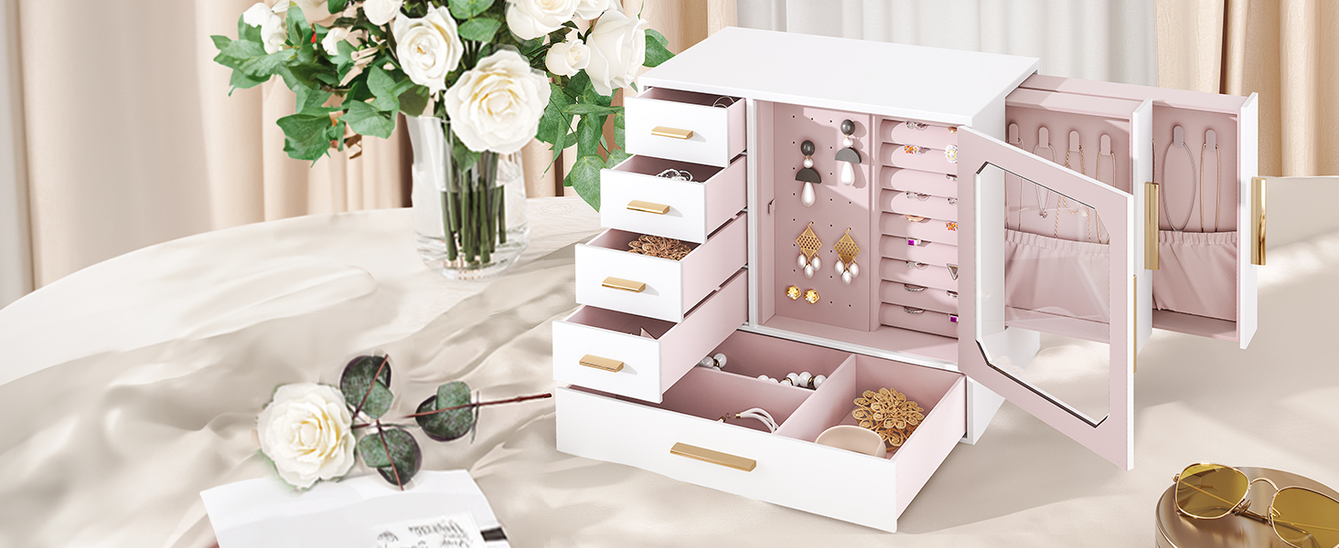 Šperky se skleněným oknem, Organizátor šperků s velkou kapacitou, Úložiště šperků, Přenosný organizátor organizátoru šperků, Moderní styl, Bílé a lehké zlato