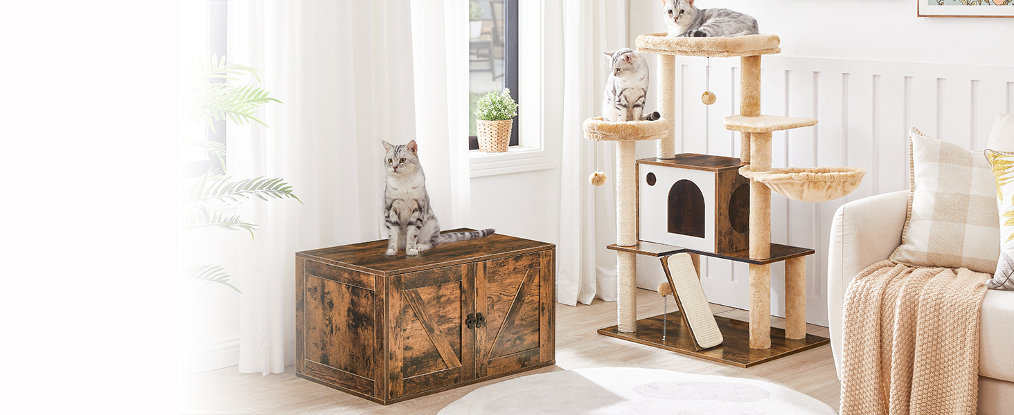 Kattetræ med kattebakke, 59.1 Høje 2-i-1 alsidige kattårnet med skjult kuldkasse møbler, Cat condo, Dinglende bolde, Skrabe indlæg, Skrabebræt, Rustik brun