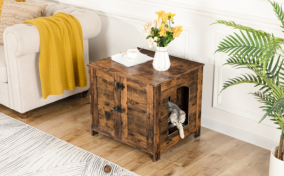 Çöp Kutusu Muhafazası, Kedi Tuvaleti Mobilyası Gizli, Ahşap Kapalı Çöp Kutusu Dolabı, Kedi Tuvaleti Evcil Hayvan Sandığı Yan Sehpa, Oturma odası, Rustik kahverengi,