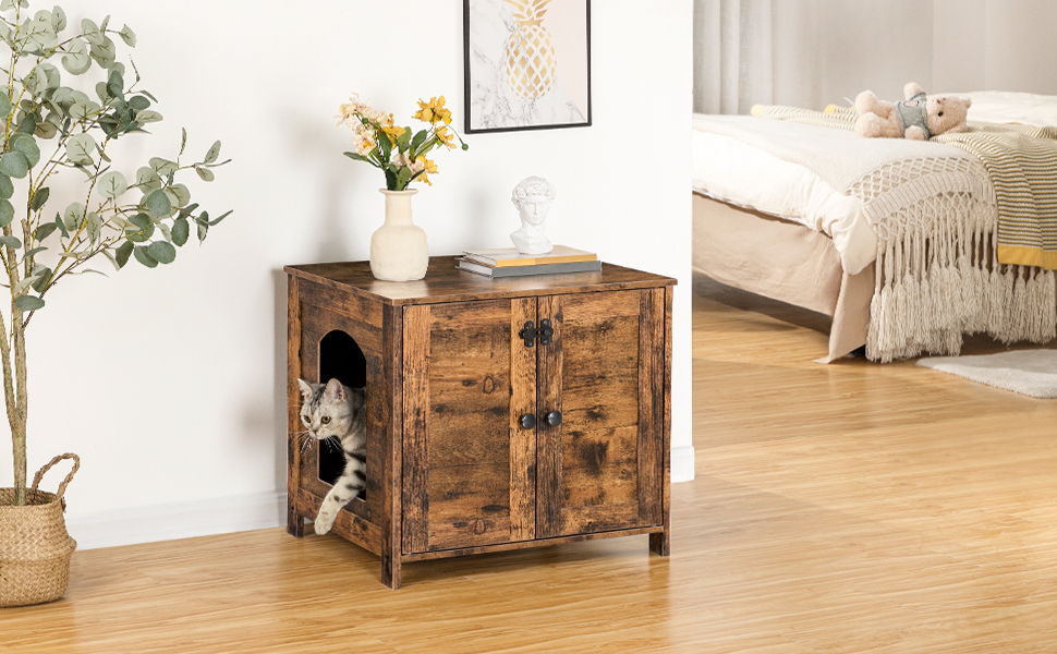 Çöp Kutusu Muhafazası, Kedi Tuvaleti Mobilyası Gizli, Ahşap Kapalı Çöp Kutusu Dolabı, Kedi Tuvaleti Evcil Hayvan Sandığı Yan Sehpa, Oturma odası, Rustik kahverengi,