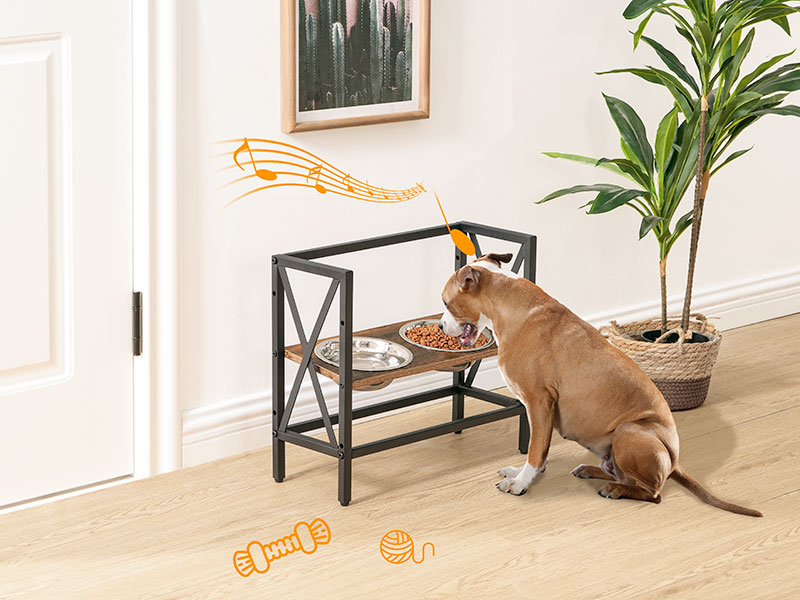 Vyvýšená miska psů, Vyvýšená miska pro psy stojí pro malé psy a kočky, Nastavitelný stojan na misku pro psy, Stojan na krmítko s dvojitou nerezovou ocelí 6.2" Bowls, Rustikální hnědá a černá