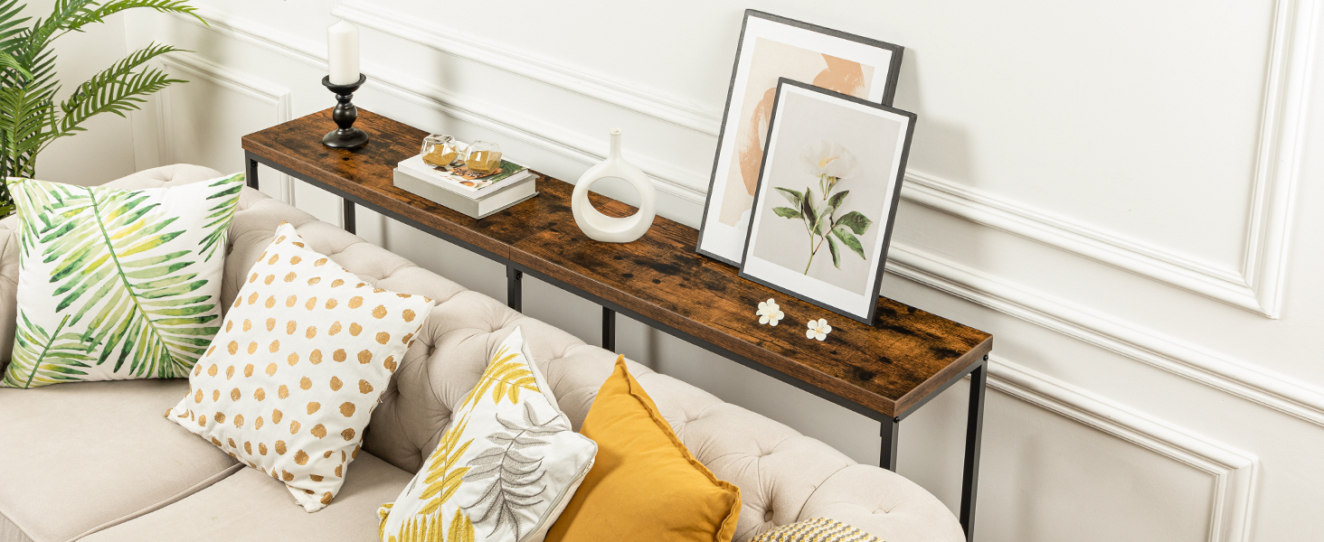 Mesa de sofá estrecha, 70.9" Mesa consola extralarga de entrada, detrás del sofá, Mesa de pasillo delgada para vestíbulo, Sala de estar, Dormitorio, Marrón rústico y negro