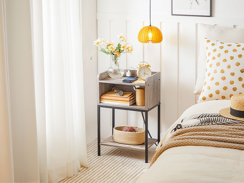 nightstand with charging station, end table with open drawer, side table with usb ports and outlets, for small spaces, bedroom, grey