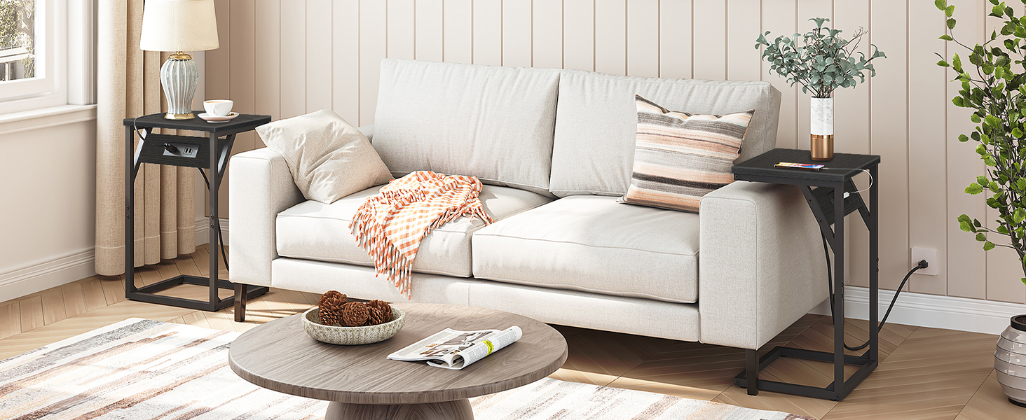 C koncová tabulka ve tvaru C s nabíjecí stanicí, Úzký boční stůl pro pohovku pro malý prostor, Průmyslový noční stůl s kovovým rámem pro obývací pokoj, Ložnice, Kolej, Černý