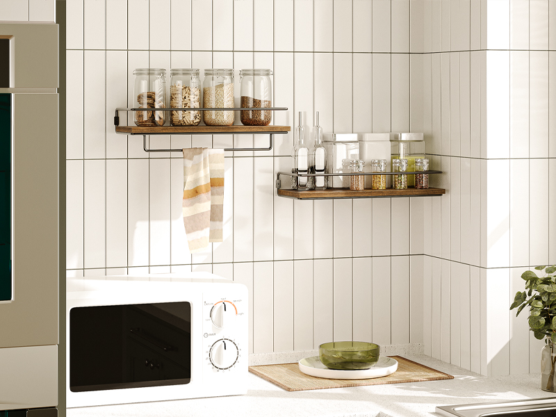 étagères flottantes, étagères murales ensemble de 2, étagères de rangement avec enceinte, étagères décoratives avec canne suspendue, pour le salon, cuisine, salle de bain, brun rustique et noir