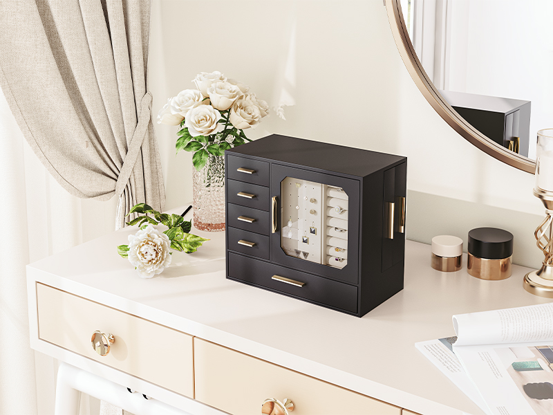 Bosca jewelry le fuinneog ghloine, Bosca Eagraí Seodra Cumas Mór, Bosca stórála jewelry, 5 Eagraí Sealbhóra Jewelry Ciseal, Stíl Nua-Aimseartha, Bronntanas na Nollag, Óir Dubh agus Solas