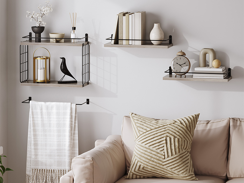 4+1 seilfeanna ar snámh sraitheanna, seilfeanna seomra folctha thar leithreas le ciseán stórála sreinge, seilf snámh ar snámh balla le haghaidh maisiúchán balla, seilf balla le haghaidh seomra suí seomra leapa cistin greige