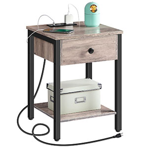 κομοδίνο με σταθμό φόρτισης, τελικός πίνακας με 2 πρίζες και 2 θύρες USB, Πλευρικό τραπέζι με συρτάρι και ανοιχτά ράφια, μικρός διαστημικός πίνακας, για υπνοδωμάτιο, Greige και Black