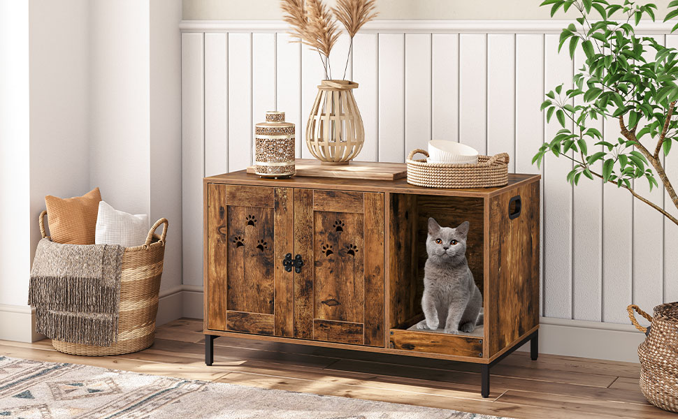 Περίβλημα κουτιού απορριμμάτων γατών, Μοντέρνο Έπιπλο Κουτί Απορριμμάτων Γάτας Κρυφό, Πάγκος αποθήκευσης μπάνιου γάτας με μαξιλάρι γρατσουνίσματος για γάτες, Εσωτερικό σπίτι για γάτες ως τελικό τραπέζι για σαλόνι, Ρουστίκ καφέ