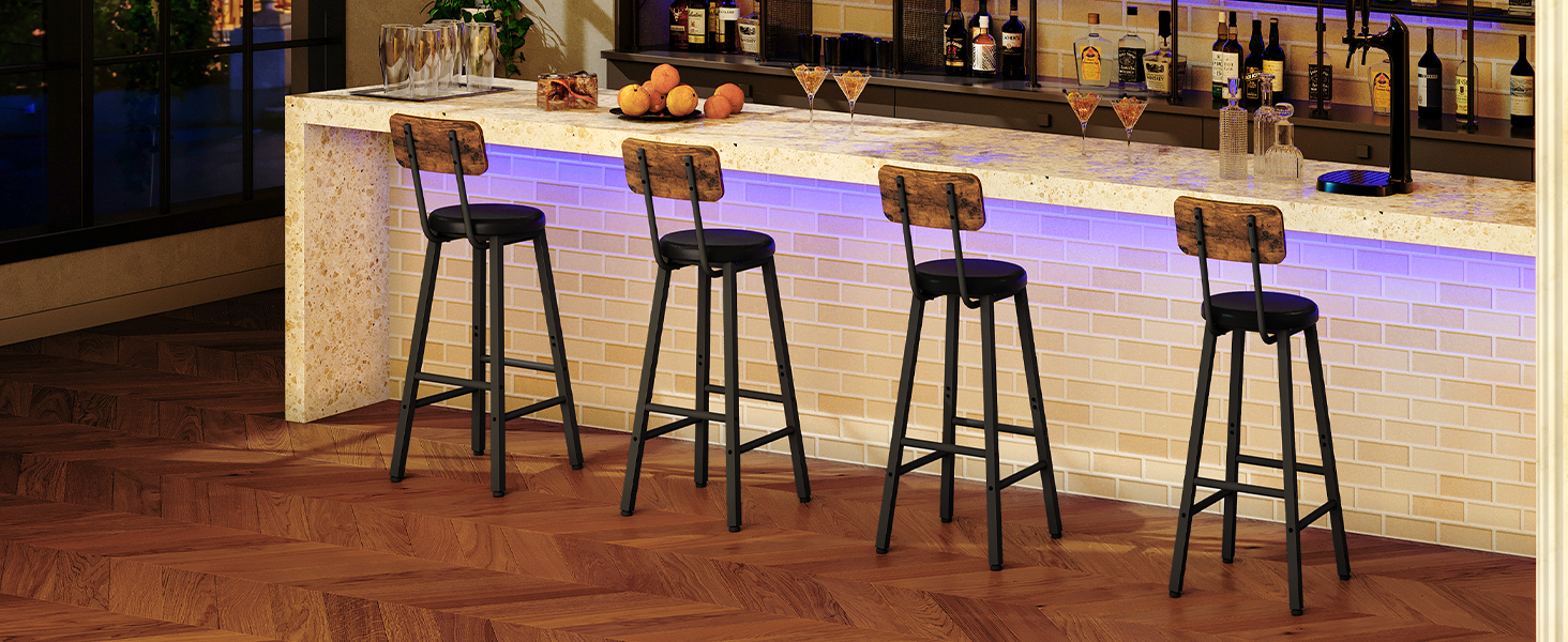 Sada barových stoliček 2, Výškové stoličky, Čalouněné barové židle s opěradlem a nohou, Ergonomický design, pro jídelnu, Kuchyně, Kavárna, Rustikální hnědá a černá