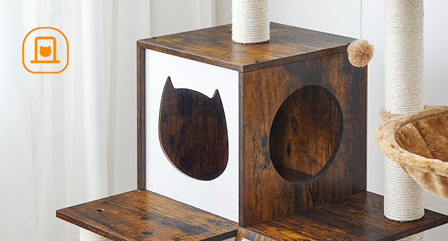 crann cat do chait faoi dhíon, 44 orlach orlach cat túr adhmaid, condo cat nua -aimseartha le poist scríobadh cat, Teach súgartha cat il-leibhéil le cat hammock, 2 barr péirse, Liathróidí Bréagáin, donn tuaithe