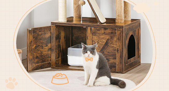 Kattetræ med kattebakke, 59.1 Høje 2-i-1 alsidige kattårnet med skjult kuldkasse møbler, Cat condo, Dinglende bolde, Skrabe indlæg, Skrabebræt, Rustik brun