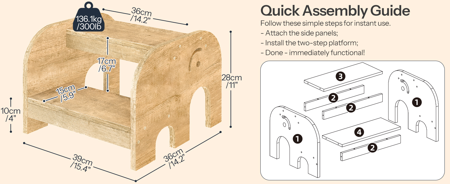 Opstapje voor peuters, Olifant-vormige houten tweedaags stapstoel voor kinderen