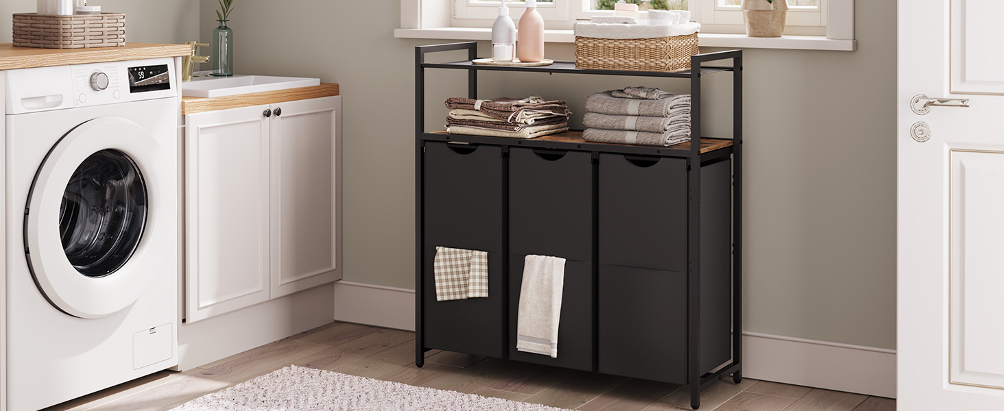 Vaskeri hæmmer med hylde, 3 10.5 Gal (39.8l), Vaskeri kurv, Tøjvaskesorterer med 3 Pull-out og aftagelige poser, badeværelse, vaskerum, rustik brun og