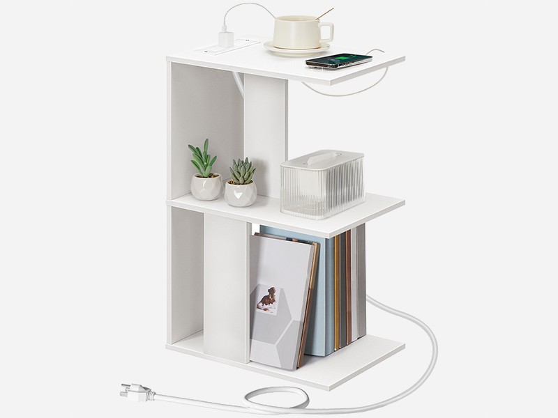 Enn Dësch mat Opluedstatioun, Schmuel Säit Dësch fir kleng Plazen, Sofa Couch Dësch mat Späichere Stol, Slim Nuetsstand nieft dem Dësch fir Schlofkummer, Wunnzëmmer, Wäiss