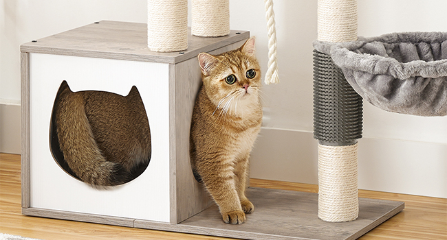 cat tree for indoor cats, wooden cat tower, modern cat condos for indoor cats, cat tree houses with cat scratching post and cat hammock, washable removable cushion, greige