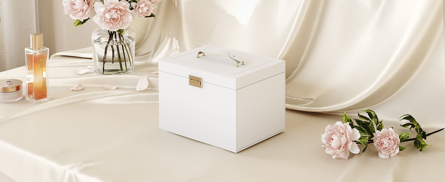 Ékszerdoboz női lányoknak, Nagy kapacitású ékszertároló doboz, Hordozható ékszerszervező, Többszörös zónás, Nagy tükör, Modern stílus, Fehér