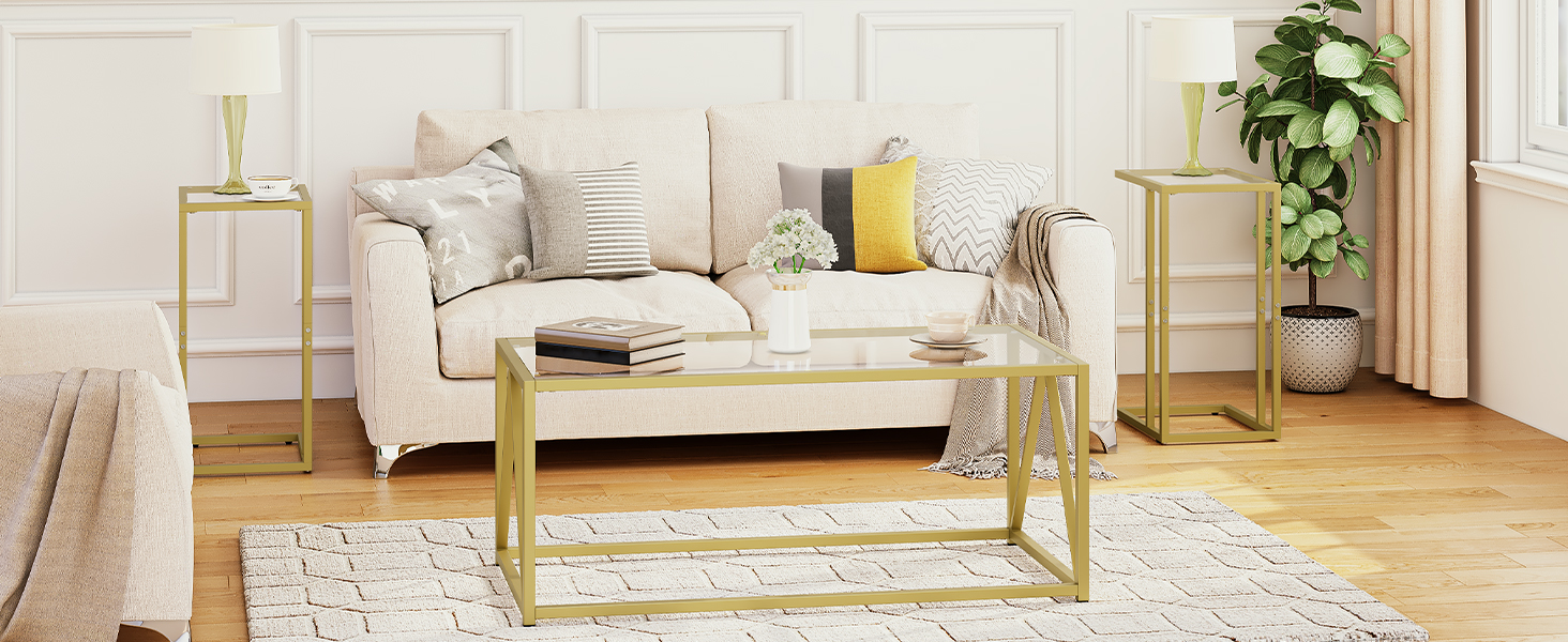 Couchtisch aus Glas, Goldene Couchtische für das Wohnzimmer, 1 Layer-Center-Tisch, Öffnen Sie das Lagerregal, Modern, für Wohnung, Büro, 39.4 x 19.7 X 17.7 Zoll, Einfache Montage, Golden
