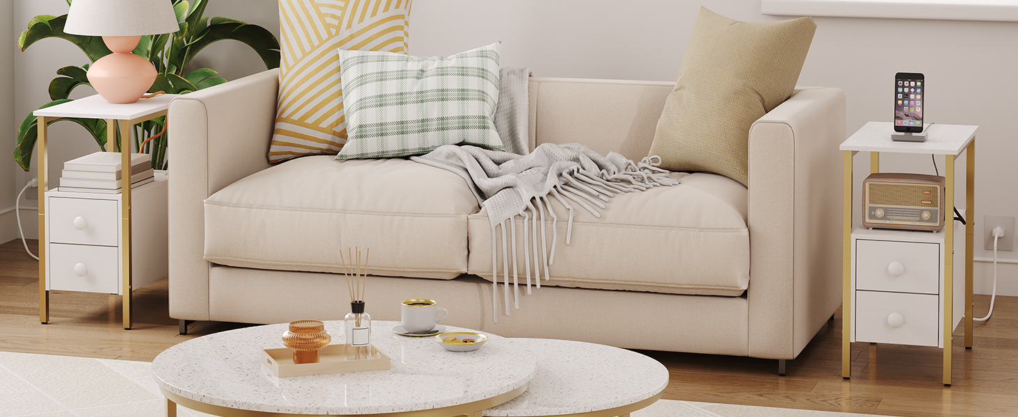 endebord med ladestation, smal sidebord med 2 skuffe & USB -porte & stikkontakter, natbord til små rum, stabil og robust, til stue, soveværelse, guld og hvid