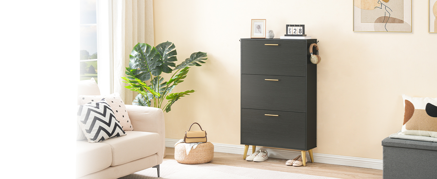 Schuhschrank, Schuhschrank für den Eingangsbereich, versteckter Schuhschrank mit dem Trinkgeld mit einem Schuhschrank mit 3 Flip-Schubladen, Schuhregal Organizerschrank mit Kleiderhaken, Für den Eingang, Kleiderschrank, Schwarz