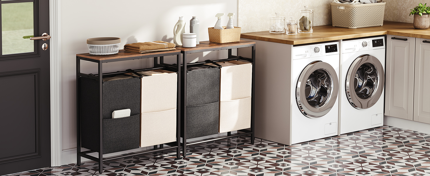 prekážať, 26 gal (99l), košík na práčovňu, triedič bielizne 2 sekcia, 2 x tote vrecká na bielizeň, 27.6"l x 11.8"w x 32.3"h, práčovňa, kúpeľňa, spálňa, rustikálny hnedý a čierny