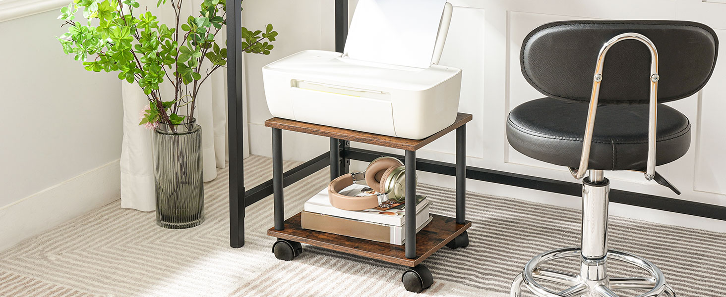 Seastán Printéir, 2-Soghluaiste Tionsclaíoch Sraith faoi Chart Printéir Deisce le Scairbh, Raca meaisín tromshaothair ar rothaí don bhaile, Oifig, Rustic donn agus dubh