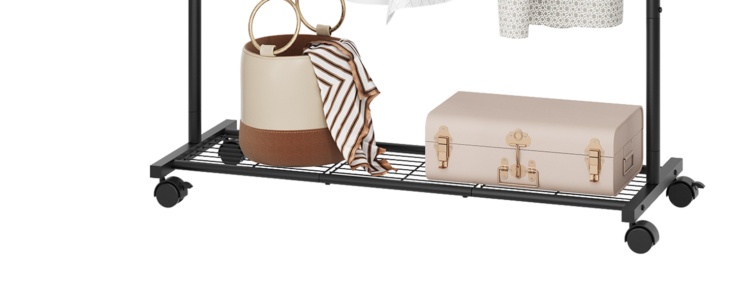 stojak na ubrania z kółkami, 39 Calowy stojak na odzież, ROLLING SATHENT RACK do wiszących ubrań, z półką do przechowywania siatki, 110 Pojemność obciążenia LB, do sypialni, pralnia, czarny