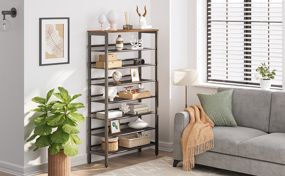 8-tason kenkäteline, Suuri kapasiteetti kenkähylly, vakaa ja tukeva, Kengän säilytysjärjestäjä litteällä & kaltevat säädettävät metallihyllyt, varten 21-28 paria kenkiä, avaruussäästäjä, tukeva