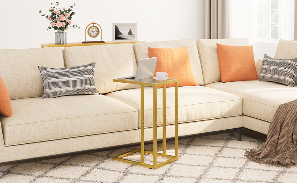 C -formet endebord, herdet glass gull sidebord, under sofabord, Liten kaffesnacksbord for små mellomrom, Laptop End Table for Living Room, nattbord, metallramme, gull