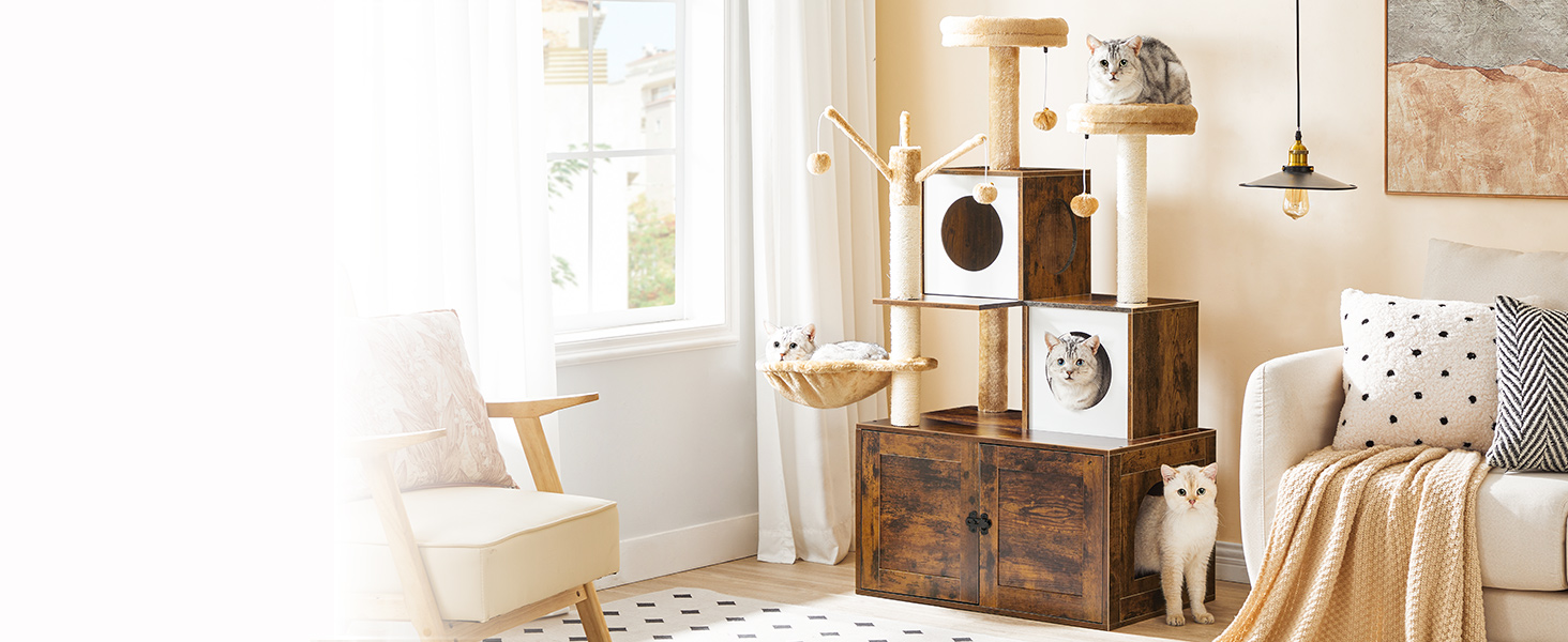 شجرة القطط مع صندوق القمامة, 2 المنصات والمنصات القط, برج القط للقط الداخلية, أثاث صندوق القمامة المخفي, 2-شقة Cat IN-1 مع الأراجيح, خدش المشاركات, بني ريفي