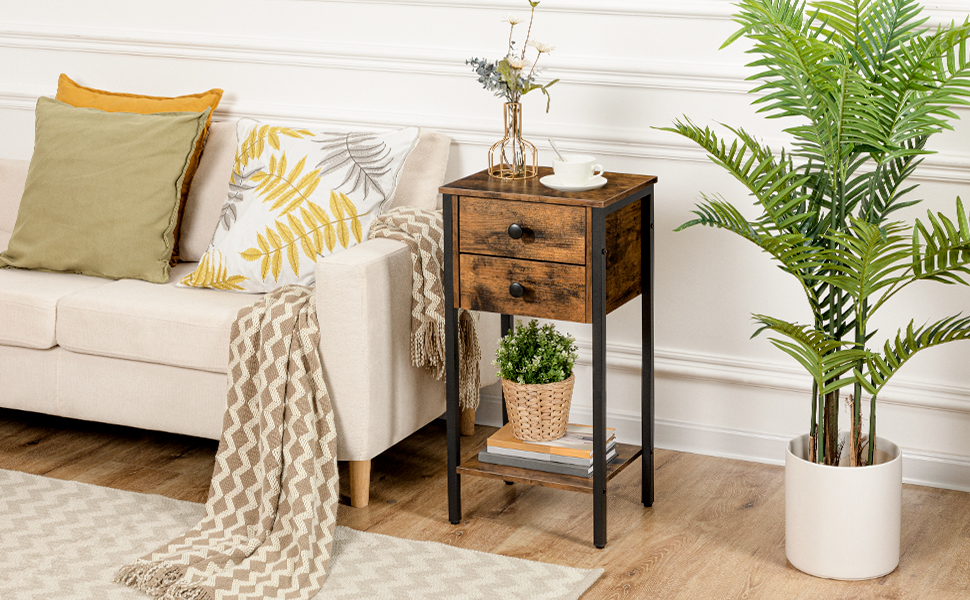 Korkea yöpöytä, Sänkypöytä 2 Laatikot ja säilytyshylly, Teollisuuspuhelinpöytä opiskeluun, Makuuhuone, Sivupöydän tilan säästö, Helppo kokoonpano, Maalaismainen ruskea ja musta