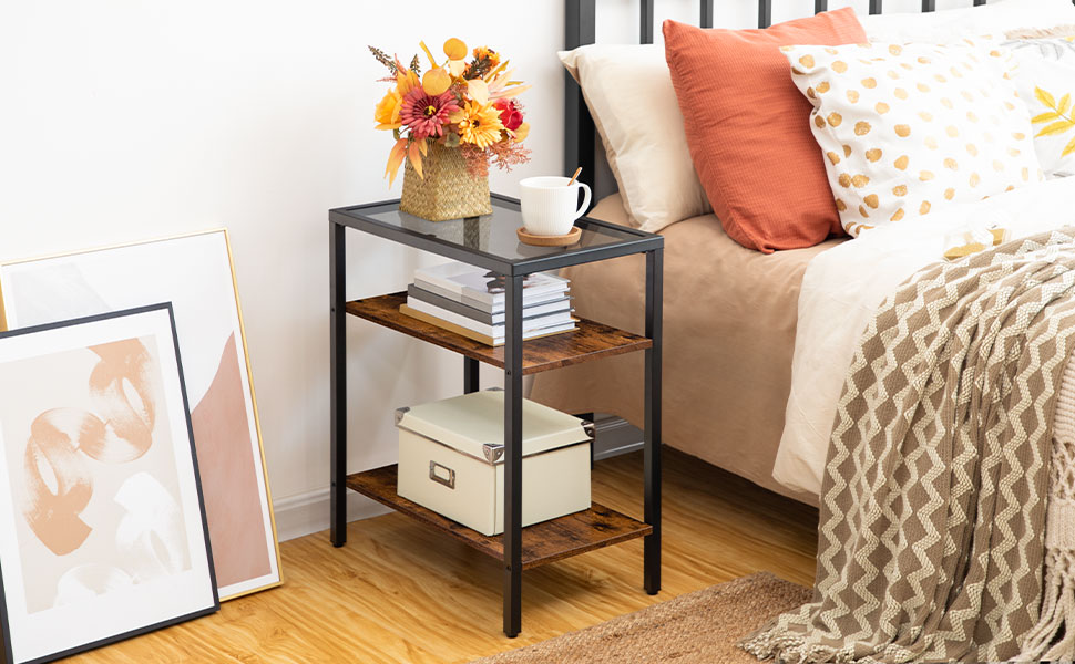 Boční stůl postele, tenký boční stůl, Úzký lůžkový stůl, 3 Konečný pokoj se SKLA SKLA, kávový čajový svačinu Příležitostný stůl pro malý prostor, kovový rám, rustikální hnědá