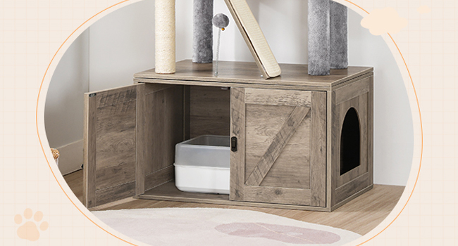 Mačací strom s výbehom na odpadky, 59.1" Vysoká všestranná mačacia veža 2 v 1 so skrytým nábytkom na odpadky, Cat Condo, visiace gule, Škrabadlá, Škrabacia doska, grécky