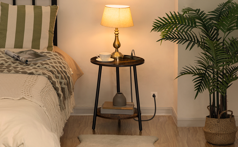 Rundt slutbord med opladningsstation, 2-Niveau lille sidebord, Circle Accent Table til stue, Soveværelse, Rustik brun