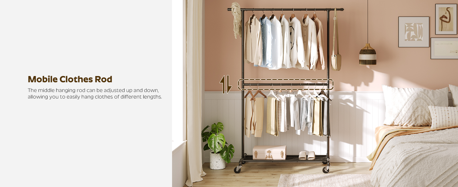 Klærstativ, Dobbeltstangplaggstativ for hengende klær, Rullende klesstativ med hjul, metallramme, Justerbar midtstang, kraftig kommersiell visning, svart