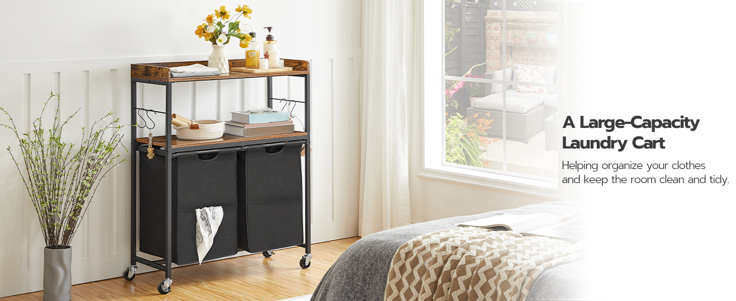 wasmand, wasmand met haken, wassator met 2 uittrekbare en verwijderbare tassen, 2 planken, badkamer, wasruimte, Rustiek bruin en zwart