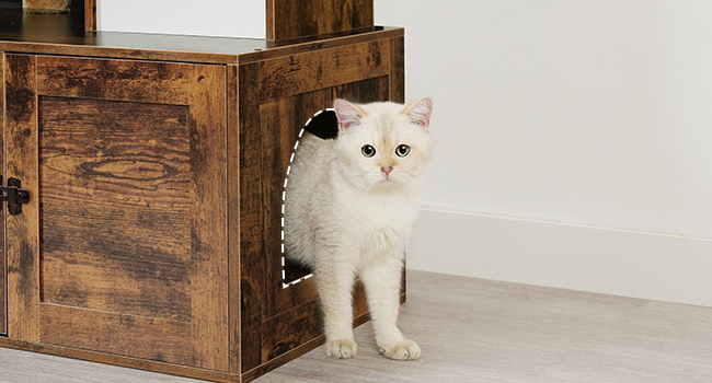 شجرة القطط مع صندوق القمامة, 2 المنصات والمنصات القط, برج القط للقط الداخلية, أثاث صندوق القمامة المخفي, 2-شقة Cat IN-1 مع الأراجيح, خدش المشاركات, بني ريفي