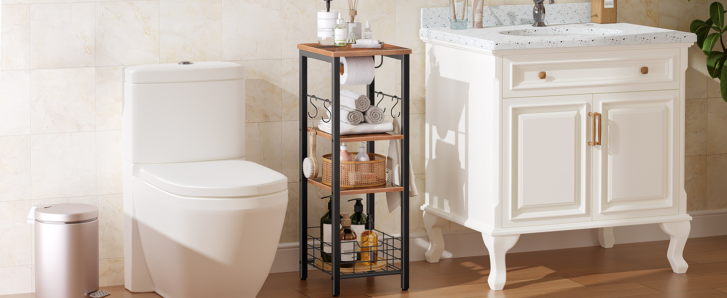 porta carta igienica, 4-organizzatore di stoccaggio del bagno di livello, Scaffi di stoccaggio sottile con ganci S e, rack di stoccaggio stretto con cestino a rete, Piccola carta igienica, rustico marrone e nero