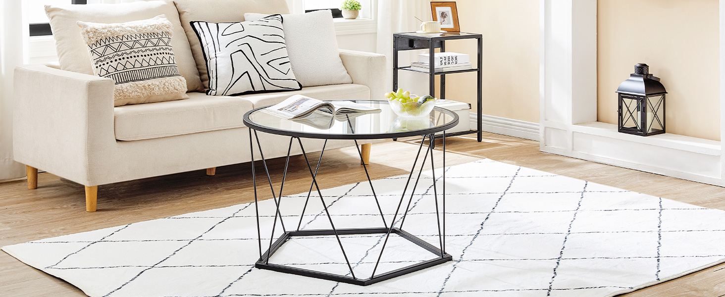 Dohányzóasztal, Fekete üveg dohányzóasztal a nappalihoz, 27.6" Kerek dohányzóasztal, 1 Rétegközponti asztal, Fém keret, Hatszögletű kialakítás, a Small Space számára, Fogadószoba, Lakás, Fekete