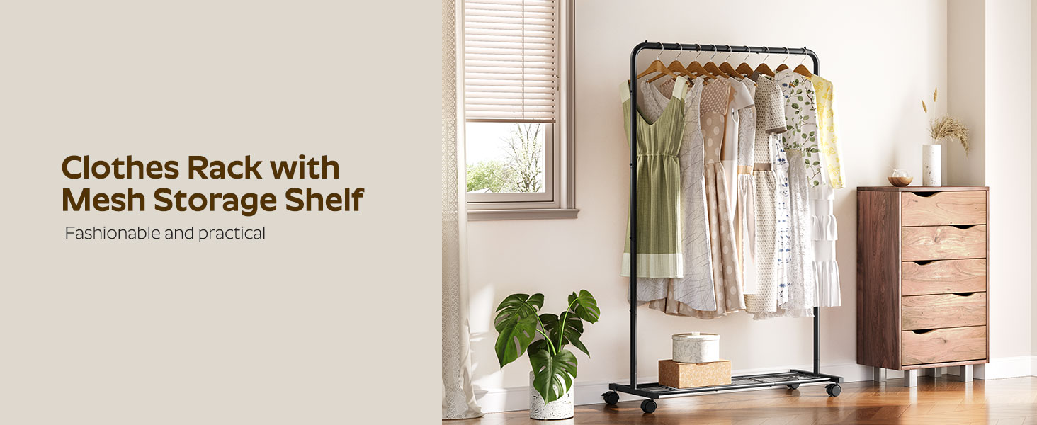 stojak na ubrania z kółkami, 39 Calowy stojak na odzież, ROLLING SATHENT RACK do wiszących ubrań, z półką do przechowywania siatki, 110 Pojemność obciążenia LB, do sypialni, pralnia, czarny